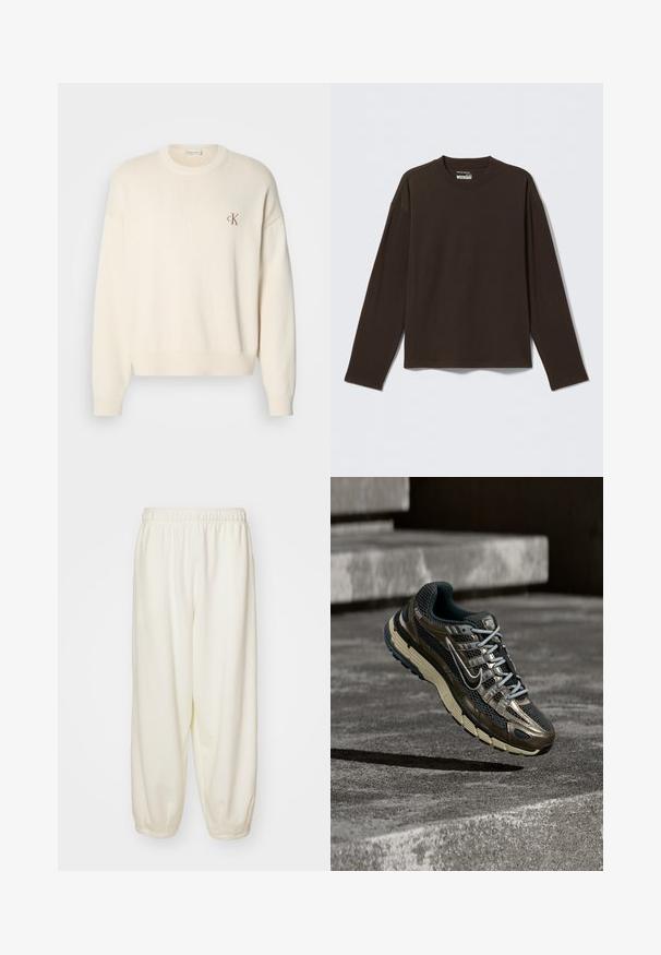 Crème-kleurige gebreide trui met een geribbelde structuur, ronde halslijn en drop shoulders. Bevat een klein bruin geborduurd logo op de borst.; Donkerbruine longsleeve met ronde hals en rechte zoom, plat gelegd op een lichtgrijze achtergrond.; Crème-kleurige sweatpants van zachte stof, met een elastische tailleband en taps toelopende manchetten, in een comfortabele pasvorm zonder zichtbare patronen.; Donker metallic en zwarte Nike hardloopschoen met beige zool die boven grijze betonnen treden zweeft.