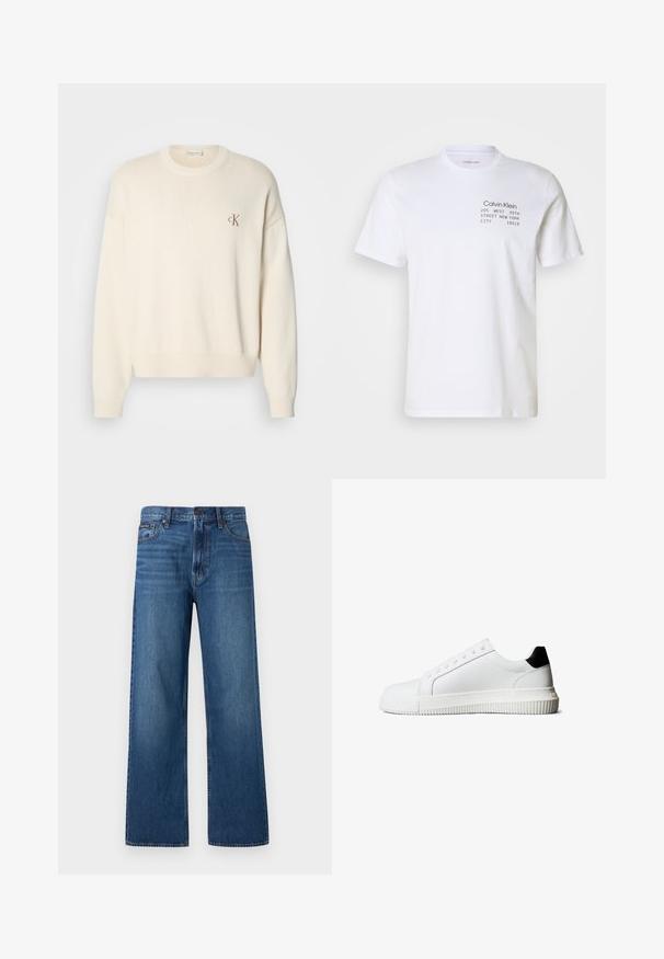 Crème-kleurige gebreide trui met een geribbelde structuur, ronde halslijn en drop shoulders. Bevat een klein bruin geborduurd logo op de borst.; Witte katoenen t-shirt met korte mouwen, een ronde hals en bedrukte tekst: "Calvin Klein 205 WEST 39TH STREET NEW YORK CITY 10018."; Blauwe high-waisted jeans met rechte pijpen, voorzien van een knoop- en ritssluiting aan de voorkant, vijf zakken en een klein merklabel op de rechterzak.; Witte leren sneakers met een zwarte hielaccent, voorzien van platte veters, een afgeronde neus en een geribbelde rubberen zool voor grip.