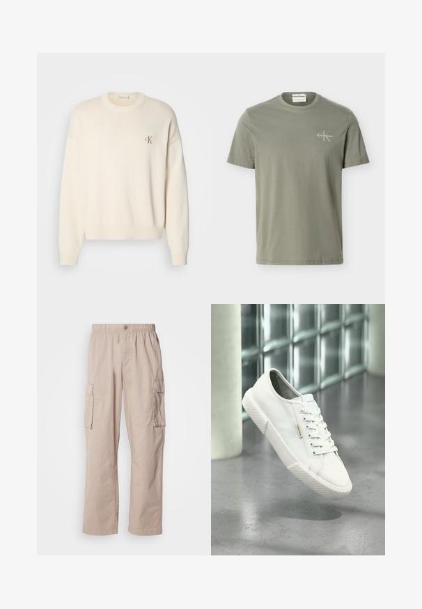 Kremfarvet strikket sweater med ribbet tekstur, rund halsudskæring og drop-skuldrer. Har et lille brunt broderet logo på brystet.; Lysegrøn kortærmet t-shirt med rund hals og lille hvid Calvin Klein-logo på venstre bryst.; Beige cargo bukser med en afslappet pasform, elastisk talje, knaplukning og sidelommer. Fremstillet af letvægtsmateriale med en glat tekstur.; Hvid Calvin Klein lavt sneakers med snørebånd, gummisål og logo-tag, svævende over gråt poleret gulv nær glasblokvæg.
