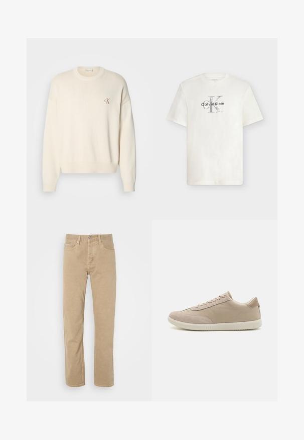 Kremfarvet strikket sweater med ribbet tekstur, rund halsudskæring og drop-skuldrer. Har et lille brunt broderet logo på brystet.; Hvid T-shirt med korte ærmer og rund hals med Calvin Klein-logo i grå og sort centreret på brystet.; Beige bomuldsbukser med lige ben, der har forlommer, knaplukning og diskrete syninger langs sømmene.; Beige sneakers lavet af en blanding af ruskind og lærred, med snørebånd, rund tå, textureret sål og et subtilt brandlogo på siden.