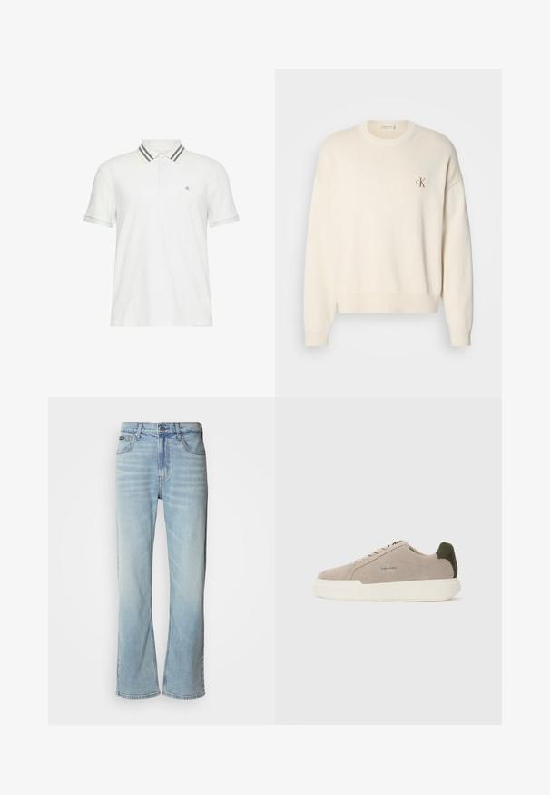 Pull en tricot couleur crème avec une texture côtelée, col rond et épaules tombantes. Présente un petit logo brodé marron sur la poitrine.; Polo blanc à manches courtes avec col rayé gris et petit logo "cK" sur la poitrine gauche.; Jeans en denim bleu clair avec une coupe droite, dotés de cinq poches, d'une fermeture à bouton et d'une légère décoloration sur le tissu.; Baskets en suède beige avec une semelle en caoutchouc blanche, présentant un accent de talon vert foncé et une branding subtile sur le côté.