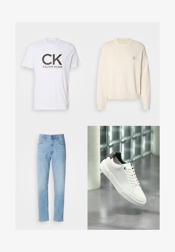 Kremfarvet strikket sweater med ribbet tekstur, rund halsudskæring og drop-skuldrer. Har et lille brunt broderet logo på brystet.; Hvid bomuld t-shirt med et stort sort "CK" logo og "CALVIN KLEIN" tekst nedenfor. Klassisk rund hals og korte ærmer.; Lys blå denim jeans med lige pasform, fem lommer og bæltestropper. Stoffet har en glat overflade med en let falmningseffekt.; Hvid lav tå-sneaker med sort struktureret hælfane, hvide snørebånd og tyk sål på en poleret betongulv nær glasblokke.
