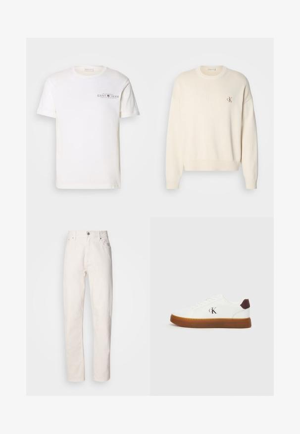Pull en tricot couleur crème avec une texture côtelée, col rond et épaules tombantes. Présente un petit logo brodé marron sur la poitrine.; T-shirt en coton blanc avec un col rond, des manches courtes et un logo imprimé. Présente un design minimaliste et une coupe décontractée.; Jeans en denim blanc à jambe droite, avec fermeture à bouton et à fermeture éclair, passants de ceinture, et poches avant et arrière, présentés sur fond uni.; Baskets blanches avec une semelle en gomme, des lacets plats et un accent en daim marron au talon. Présente un logo "cK" discret en relief sur le côté.