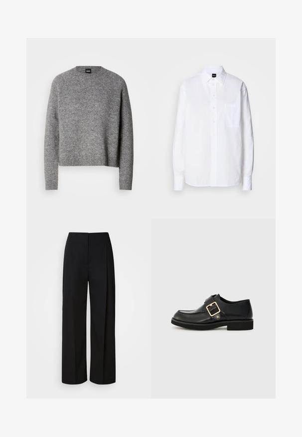 Suéter gris de punto con cuello redondo, mangas largas y puños y dobladillo acanalados. Textura suave; diseño minimalista sin patrones ni acentos.; Camisa blanca de botón hecha de algodón, con cuello clásico, mangas largas, un bolsillo en el pecho y una textura suave y crujiente.; Pantalones negros de tiro alto y pierna ancha con cierre frontal oculto, costuras entalladas y una tela suave y estructurada.; Zapato de cuero negro con punta redonda, que cuenta con una hebilla dorada y una suela de goma plana. Textura suave con detalles de costura sutil.