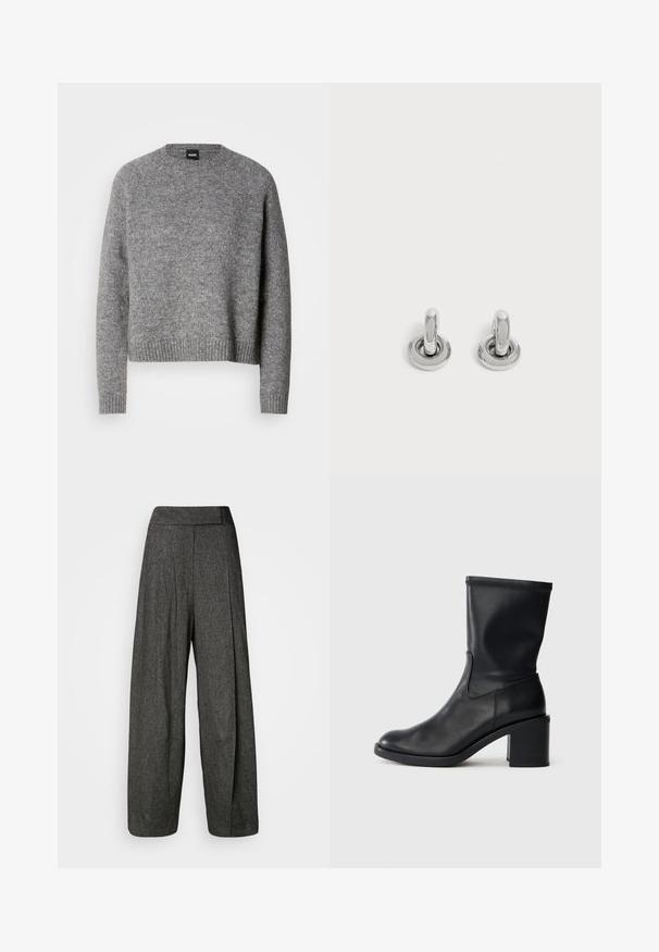 Pull en tricot gris avec un col rond, des manches longues et des poignets et un ourlet côtelés. Texture douce ; design minimaliste sans motifs ni accents.; Pantalons larges gris en tissu texturé, avec une taille haute, des plis avant et une coupe droite qui s'étend jusqu'à la cheville.; Botte en cuir noir à cheville avec un bout rond, texture lisse et un talon épais, présentant un tige ajustée et un subtil détail de couture.; Paire de petites boucles d'oreilles créoles argentées brillantes avec une base ronde, présentées sur un fond clair uni.