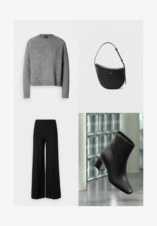 Suéter gris de punto con cuello redondo, mangas largas y puños y dobladillo acanalados. Textura suave; diseño minimalista sin patrones ni acentos.; Pantalones de pierna ancha negros con una textura suave, que presentan una cinturilla alta y sin cierres visibles. Diseño simple y limpio.; Botín de cuero negro con tacón cuadrado, logo DKNY cerca de la parte superior, exhibido frente a una pared de bloques de vidrio y suelo de hormigón pulido.; Bolso de hombro de cuero negro en forma de media luna, con correa ajustable y logo dorado "BOSS" centrado en el frente.
