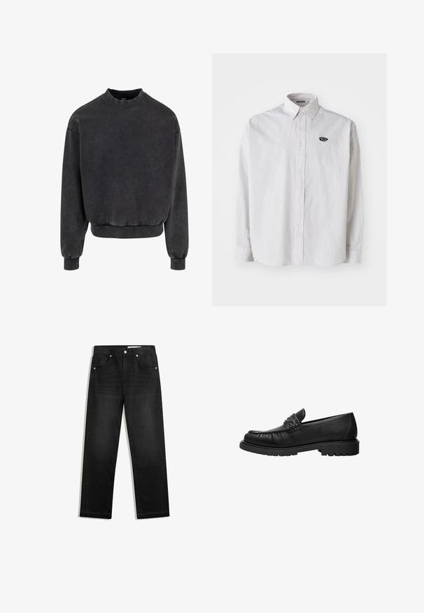 Schwarzer, kurzer Sweatshirt mit rundem Ausschnitt, gerippten Ärmeln und Saum. Hergestellt aus weichem Stoff mit einem leicht verwaschenen Erscheinungsbild.; Weißes Langarmhemd mit dünnen grauen vertikalen Streifen. Verfügt über einen Button-Down-Kragen und ein kleines schwarzes Logo auf der linken Brust.; Schwarze Denim-Jeans mit geradem Bein, fünf Tasche-Design, kontrastierenden Beschlägen und rohem Saumdetail am unteren Ende.; Schwarzer Lederloafer mit gestepptem Oberteil, mit Nieten besetztem Riemendetail und dicker Profilsohle, seitlich auf weißem Hintergrund gezeigt.