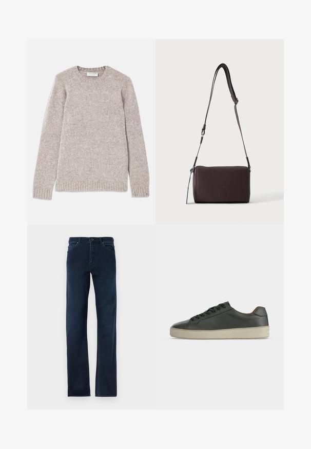 Lys grå strikket sweater med rund halsudskæring, ribbede manchetter og kant, med en blød tekstur og en let afslappet pasform.; Mørkeblå denim jeans med lige ben, fem lommer, knapåbning og kontrasterende syninger langs sømmene.; Lav top sort lædersneaker med sorte snørebånd og off-white gummisål, set fra den ydre side på hvid baggrund.; Mørkebrun textured læder crossbody taske med justerbar rem og lille dekorativ blå accent på siden.