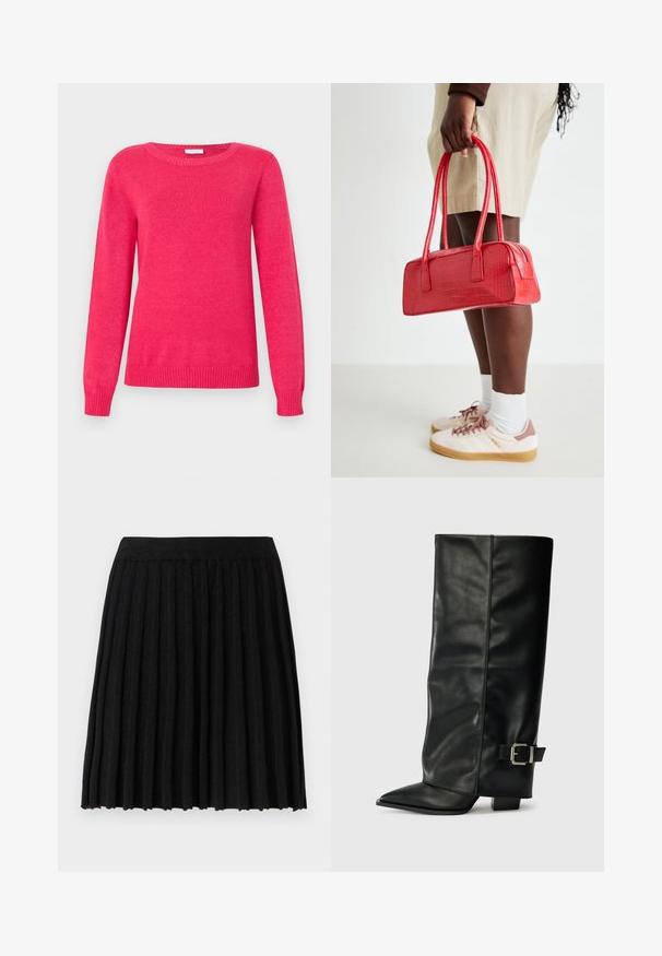 Fuchsia trui met een ronde hals, lange mouwen en geribbelde boorden aan de mouwen en zoom. Gemaakt van zacht gebreid materiaal met een gladde textuur.; Vero Moda Knitted VMMARINA Short - Minirok - black; Zwarte leren enkellange laarzen met een spitse neus, een gladde textuur en een zilveren gesps Accent aan de zijkant. Stevige vierkante hak.; Rode handtas met krokodillenmotief, twee handvatten en een ritssluiting. Rechthoekige vorm, gladde textuur en glanzende afwerking.