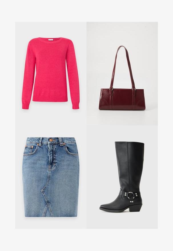 Fuchsia trøje med rund halsudskæring, lange ærmer og ribstrikkede manchetter og kant. Fremstillet af blødt strikmateriale med en glat tekstur.; Denimnederdel i mellemblå med et tætsiddende design, forlommer og skrå sømdetaljer. Standard talje med metalknaplukning.; Sorte læderknæhøje støvler med spids tå, der har en dekorativ ankelrem og sølvfarvede hardware-detaljer. Lav stablet hæl.; Bordeaux håndtaske lavet af glansfuldt materiale, rektangulær form, med to skulderremme og subtile buede detaljer på forsiden.