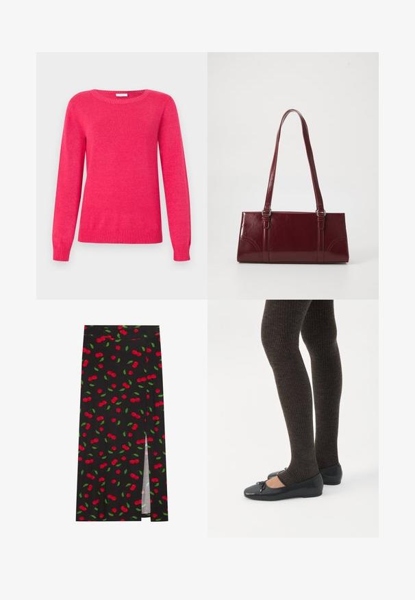 Fuchsia trøje med rund halsudskæring, lange ærmer og ribstrikkede manchetter og kant. Fremstillet af blødt strikmateriale med en glat tekstur.; Sort nederdel med et kirsebærprint, der viser røde kirsebær og grønne blade. Indeholder en sidesplit for ekstra designfunktion.; Ben iført mørke ribbede leggings kombineret med sorte balletsko med små sløjfedetaljer på hvid baggrund.; Bordeaux håndtaske lavet af glansfuldt materiale, rektangulær form, med to skulderremme og subtile buede detaljer på forsiden.