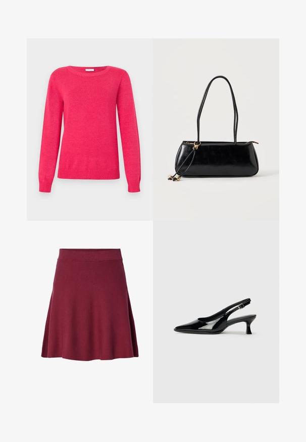 Suéter fucsia con cuello redondo, mangas largas y puños y dobladillo acanalados. Hecho de material de punto suave con una textura lisa.; Falda burdeos de longitud hasta la rodilla, hecha de un tejido suave y elástico; diseño acampanado con una cinturilla lisa y sin cierres ni patrones visibles.; Zapatos de charol negro tipo slingback con punta afilada y tacón bajo. Correa ajustable con hebilla en el tobillo.; Bolso rectangular negro con dos tirantes largos, detalle de anilla dorada y cierre de cremallera sobre un fondo liso claro.