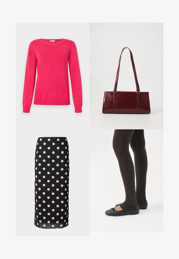 Fuchsia trui met een ronde hals, lange mouwen en geribbelde boorden aan de mouwen en zoom. Gemaakt van zacht gebreid materiaal met een gladde textuur.; Zwarte midi-rok met polka dots, gemaakt van luchtige stof met witte cirkelpatronen, voorzien van een aansluitende tailleband en een subtiele scalloped rand.; Benen met donkere geribbelde leggings gecombineerd met zwarte ballerina's met kleine strikdetails op een witte achtergrond.; Bourgondische handtas van glanzend materiaal, rechthoekige vorm, met twee schouderbanden en subtiele gebogen accenten aan de voorkant.