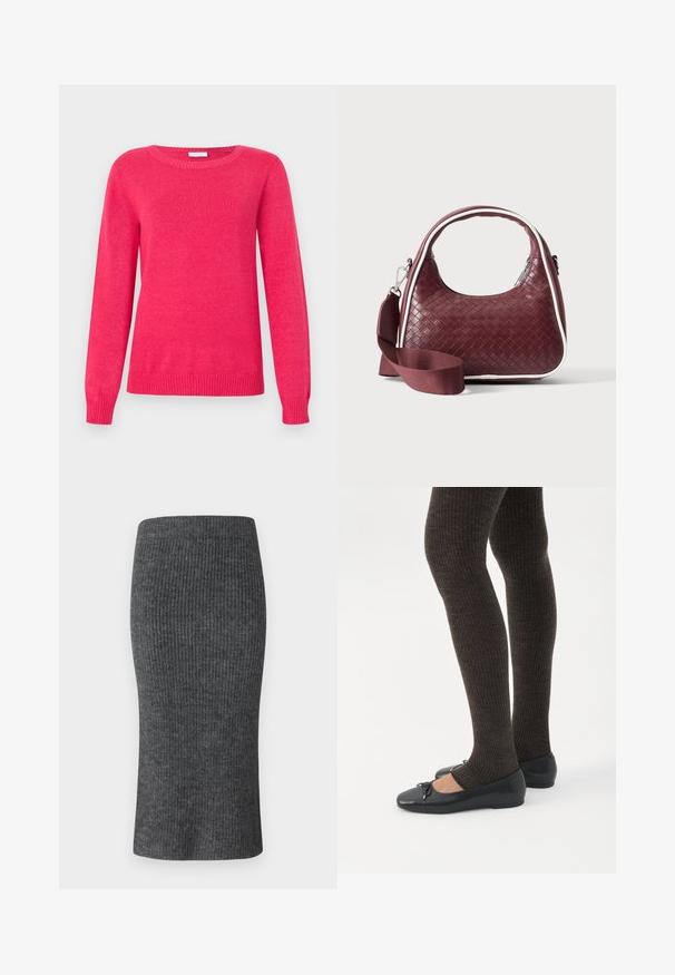 Fuchsia trøje med rund halsudskæring, lange ærmer og ribstrikkede manchetter og kant. Fremstillet af blødt strikmateriale med en glat tekstur.; Grå ribbet blyantskørt med en tætsiddende facon, høj talje og glat tekstur. Designet til en strømlinet silhuet.; Ben iført mørke ribbede leggings kombineret med sorte balletsko med små sløjfedetaljer på hvid baggrund.; Mørkerød vævet lædertaske med buet hank, hvid kant, sølv lynlås og aftagelig bred stofskulderrem mod en ensfarvet baggrund.