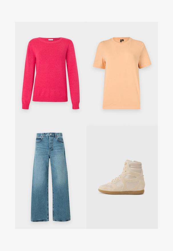 Fuchsia trøje med rund halsudskæring, lange ærmer og ribstrikkede manchetter og kant. Fremstillet af blødt strikmateriale med en glat tekstur.; Ensfarvet ferskenfarvet t-shirt med korte ærmer og rund hals med sorte størrelsesmærker indeni kraven, vist på en lysegrå baggrund.; Højtaljede lyseblå denimjeans med vide ben, lukkes med knapper foran og har det traditionelle fem-lomme design på en ensfarvet baggrund.; Beige høj-top sneakers lavet af glat læder og ruskindsmaterialer. Perforerede paneler, tonede stikninger og en gummisål.