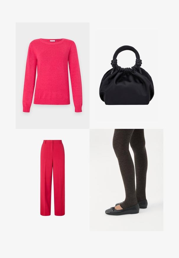 Suéter fucsia con cuello redondo, mangas largas y puños y dobladillo acanalados. Hecho de material de punto suave con una textura lisa.; Pantalones rojos de cintura alta y pierna ancha con pasadores de cinturón y cierre frontal oculto sobre un fondo blanco.; Piernas con leggings oscuros acanalados combinados con bailarinas negras que presentan pequeños detalles de lazo sobre un fondo blanco.; Bolso de mano de tela negra suave con parte superior fruncida y asas acolchadas circulares atadas con nudos a cada lado.