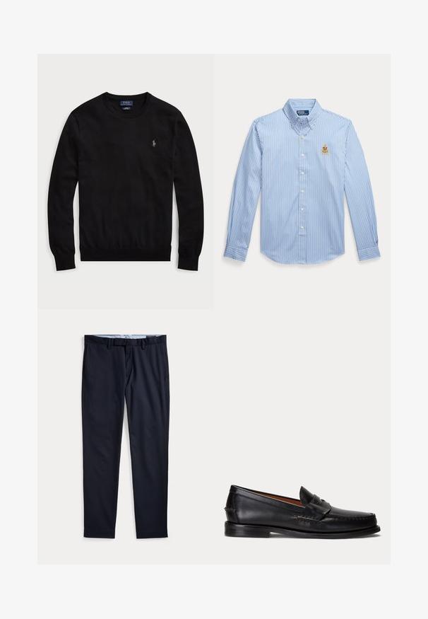 Čierny dlhorukávový pulóver s okrúhlym výstrihom a malým vyšívaným logom Polo Ralph Lauren na ľavej strane hrudníka.; Modro-biela košeľa s dlhým rukávom s vertikálnymi pruhmi, gombíkmi, golierom a malým vyšitým erbom na ľavej strane hrudníka.; Pánske spoločenské nohavice námornícko modrej farby s pútkami na opasok, zipsom a bočnými vreckami, položené na bielom pozadí.; Čierny kožený mokasín s nízkym podpätkom a detailom s penny remienkom, zobrazený z boku na svetlosivom pozadí.