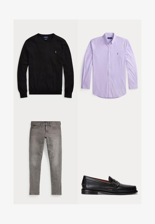 Musta pitkähihainen pyöreäkauluksellinen neulepaita, jossa vasemmassa rinnassa pieni Polo Ralph Lauren -logo kirjottuna.; Pitkähihaista napillista paitaa vaalean violetissa, jossa on pystysuorassa valkoisia raitoja ja pieni brodeerattu logo vasemmassa rinnassa. Puuvillamateriaali.; Harmaat farkut, kapea malli, suorat lahkeet. Ominaisuuksiin kuuluvat klassinen viisi-taskuinen muotoilu, ompeluyksityiskohdat ja lievä kulunut pinta.; Musta nahkainen loafer-malli, jossa matala korko ja penny-yksityiskohta, kuvattuna sivulta vaaleanharmaalla taustalla.
