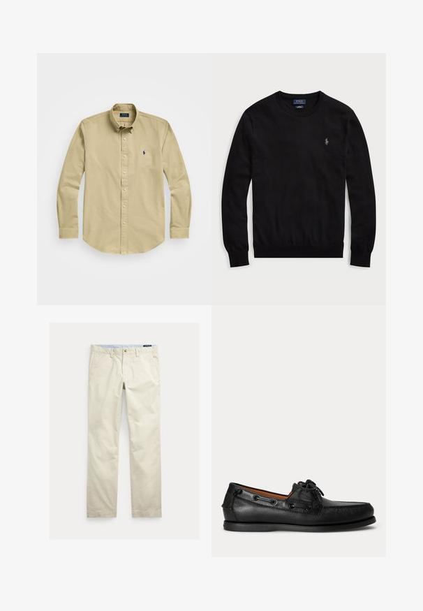 Musta pitkähihainen pyöreäkauluksellinen neulepaita, jossa vasemmassa rinnassa pieni Polo Ralph Lauren -logo kirjottuna.; Vaaleanbeige nappikauluspaita, pitkät hihat, puuvillamateriaali, klassinen kaulus, rintataskussa pieni tummansininen logo, suora helma.; Beiget suoralahkeiset puuvillahousut, joissa vyölenkit, edessä nappi, vetoketju ja sivutaskut.; Musta nahkainen mokkasiini, jossa nyöritys ja matala kumipohja, sivulta kuvattuna vaalealla taustalla.