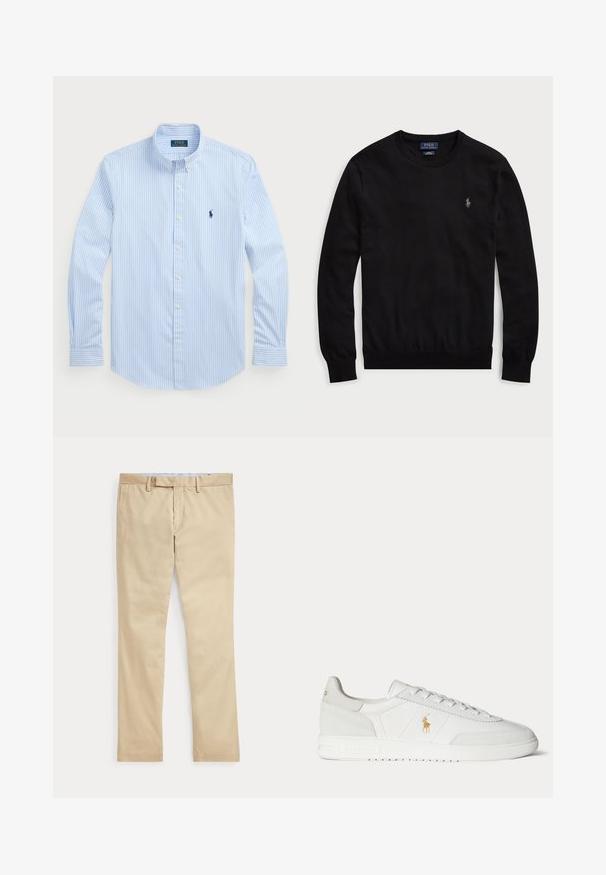 Zwarte trui met lange mouwen en ronde hals met klein Polo Ralph Lauren-logo geborduurd op de linkerborst.; Lichtblauw gestreept overhemd met knopen, lange mouwen, witte knopen, klassieke kraag, voorzien van een klein marineblauw logo op de linkerborst. Katoenen stof.; Beige broek met rechte pijpen, ceintuurlussen en een voorrits, plat gelegd tegen een witte achtergrond.; Witte lage sneaker met vetersluiting, gouden Polo Ralph Lauren-logo aan de zijkant en een gestructureerde zool op een effen achtergrond.