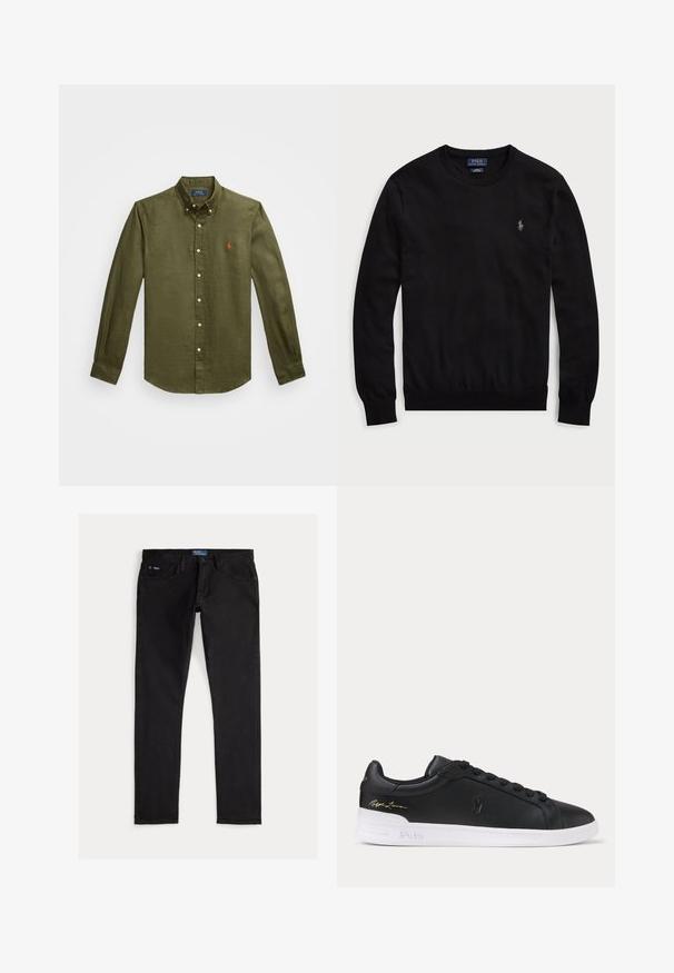 Must musta pikkade varrukatega crewneck-kampsun, millel on vasakul rinnal väike Polo Ralph Laureni tikandlogo.; Oliivroheline nööbidena särk, mis on valmistatud linast, klassikalise krae, pikkade varrukate ja väikese brodeeritud logoga rinnal.; Mustad teksapüksid kitsama lõikega, millel on viis taskut, vööaugud ja sinine brändi silt vööpealsel. Sile ja vastupidav kangas.; Mustad madala säärega nahast tossud mustade paelte, Polo embosseeritud valge tallaga ja kuldse Ralph Laureni allkirjaga kannal.