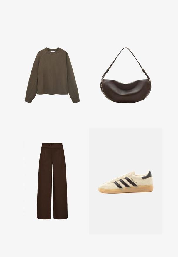 Oliven grøn sweatshirt med rund udskæring, raglanærmer og cropped kant. Fremstillet af blødt stof med en glat overflade.; Brune vide bukser lavet af glat stof, med en høj talje og to frontfolder, designet til en løs pasform.; Kremfarvet ruskindssneaker med sorte striber, gummisål, sort hælstrop og gyldent "SPEZIAL"-tekst på siden.; Mørkebrun skuldertaske i læder med buet form, justerbar rem og guldfarvet lynlås langs den nederste kant.