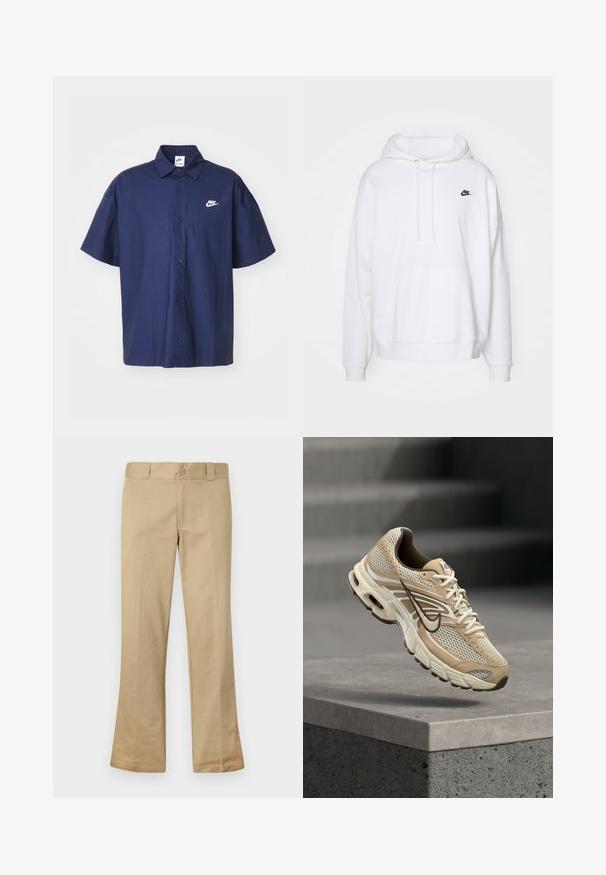 Valge kapuutsiga dressipluus, mis on valmistatud pehmest kangast, millel on ees suletav tasku, kapuutsi nöörid ja väike must Nike logo rinnal.; Tumesinine lühikeste varrukatega nööpidega särk, millel on kortsus tekstuur ja valge Nike logo vasakul rinnal. Omab standardset kraed ja musti nööpe.; Beige laienevad püksid, mis on valmistatud puuvilla segust, nööbiga kinnitusega, vöökohtadega ja sileda eesosaga.; Beež ja valge Nike jooksujalats võrkpaneelidega ja musta Swoosh-logoga, hõljumas betoonist äärise kohal, taustal udused trepid.