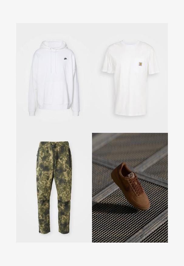 Witte hoodie van zacht materiaal, met een kangoeroezak, koordjes aan de capuchon en een klein zwart Nike-logo op de borst.; Witte katoenen t-shirt met korte mouwen, een borstzak en een klein vierkant logo-opdruk in oranje en wit op de zak.; Camo broek in verschillende tinten groen met een digitaal patroon. Voorzien van een elastische tailleband, trekkoord en zijzakken met rits.; Bruin suède sneaker met mesh details, ronde neus en platte veters. Kenmerkt zich door een tan rubberen zool en een subtiele Nike-logo aan de zijkant.