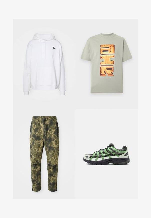 Valge kapuutsiga dressipluus, mis on valmistatud pehmest kangast, millel on ees suletav tasku, kapuutsi nöörid ja väike must Nike logo rinnal.; Heledast hall lühikeste varrukatega t-särk, millel on suur vertikaalne oranži metallilise stiiliga NIKE AIR graafika ning üleval ja all väike tekst "NIKE MAX".; Kamikatsaga rohelise varjundiga digitaalse mustriga. Omab elastset vööd, nööri ja külje vetthülgavaid taskut.; Mustvalge jooksujalats roheliste rõhutustega, võrgust ülaosaga ja paksu musta taldiga, nähtav külgvaates valgel taustal.