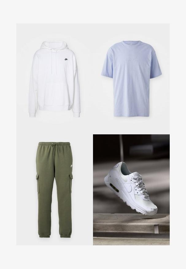 Biela mikina z mäkkého materiálu, s klokankou, šnúrkami na kapucni a malým čiernym logom Nike na hrudi.; Svetlomodré bavlnené tričko s okrúhlym výstrihom a krátkymi rukávmi. Má vystúpené logo "nike" v strede prednej časti. Mäkkučký materiál.; Olivové cargo nohavice s elastickým pásom, šnúrkovým zapínaním, bočnými vreckami a značkovým logom na stehne. Hladká zmes bavlny.; Biele tenisky Nike Air Max 90 s vrchnou časťou z kože a sieťoviny, perforovanou špičkou a viditeľnou vzduchovou jednotkou v päte.