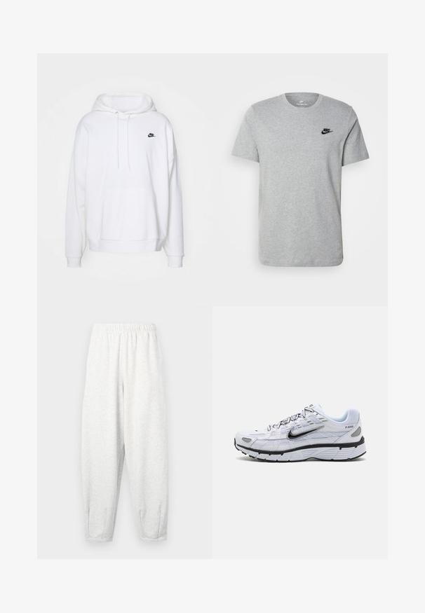 Hvid hoodie lavet af blødt stof, med en kængurulomme, snore i hætten og et lille sort Nike-logo på brystet.; Grå kortærmet T-shirt i bomuld med et sort Nike-logo på brystet og rund halsudskæring. Minimalistisk design uden mønstre.; Lyse grå sweatsbukser lavet af blødt stof, med elastisk talje, tætsiddende ben og ankelmanchetter. Simpelt design uden mønstre.; Hvide løbesko med mesh-overdel, rund tå, sorte accenter og mønstret sål. Har snøring og branding på siden.