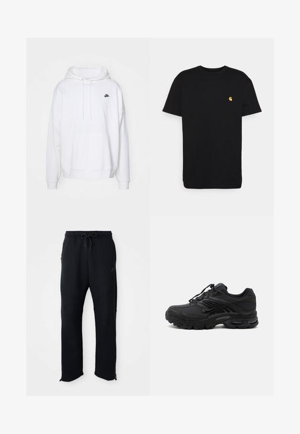 Biela mikina z mäkkého materiálu, s klokankou, šnúrkami na kapucni a malým čiernym logom Nike na hrudi.; Čierne bavlnené tričko s krátkymi rukávmi, okrúhlym výstrihom a malým žltým logom na ľavej strane hrude. Jednoduchý dizajn a bežný strih.; Čierne športové nohavice s elastickým pásom a šnúrkou, majú postranné vrecká, zúžené nohavice a zipsy na členkoch. Hladká textúra.; Čierna atletická teniska s texturovanou tkaninou, hrubou polstrovanou podrážkou, odvetrávacími otvormi a šnurovaním, zobrazená z boku na svetlom pozadí.