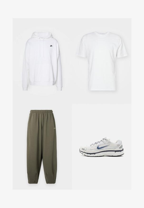 Hvid hoodie lavet af blødt stof, med en kængurulomme, snore i hætten og et lille sort Nike-logo på brystet.; Hvid bomulds T-shirt med korte ærmer, rund halsudskæring og en glat tekstur. Enkel design uden mønstre eller grafik.; Grågrønne sweatpants med elastisk talje og manchetter. Har minimal branding i matchende tråd på siden. Blød tekstur.; Nike Sportswear P-6000 - Sneakers - phantom/obsidian/summit white/white/black/metallic silver