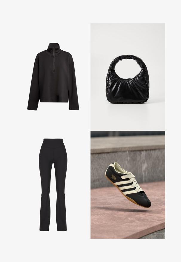 Sort sweatshirt med høj krave og kvart-zip lukning. Har nedsænkede skuldre og en afslappet pasform. Blødt, struktureret stof.; Sorte flared leggings lavet af strækbart stof, med en høj talje og glat tekstur, designet til komfort og bevægelighed.; Sort atletiksko med cremefarvede striber og snørebånd, med lav profil, glat tekstur og gummisål for godt greb. Mærkeetiket synlig.; Sort polstret håndtaske med et rundt håndtag, der har en glat, skinnende overflade og en blød, kviltet tekstur. Ingen synlige hardware eller accenter.