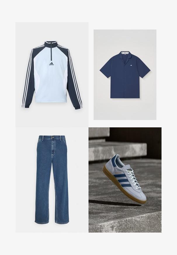 Lichtblauwe pullover met een hoge kraag, halve rits en donkerblauwe en witte accentpanelen. Voorzien van drie witte strepen op de mouwen.; Marineblauw button-up overhemd met korte mouwen, campkraag en klein wit Ellesse-logo op de linkerborst.; Blauwe spijkerbroek met een rechte snit, vijf-pocket ontwerp, metalen knoopsluiting en zichtbare stiksels langs de naden en de zoom.; Lichtblauwe Adidas Spezial sneaker met marineblauwe strepen en rubberen zool, getoond in de lucht boven betonnen trappen in een neutrale buitenomgeving.