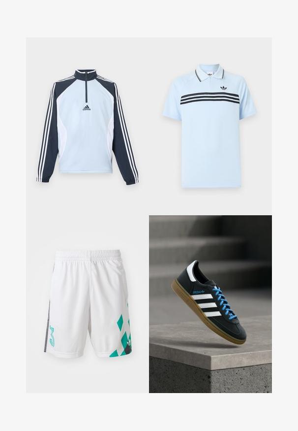 Chaqueta tipo pulóver azul claro con cuello alto, media cremallera y paneles de acento en azul oscuro y blanco. Presenta tres franjas blancas en las mangas.; Polo azul claro de tela texturizada con franjas negras de acento y un logo negro en el pecho. Presenta un diseño con cuello de solapa.; Shorts deportivos blancos con cintura elástica, que presentan un patrón geométrico en color azul verdoso y detalles en negro en los laterales. Incluye el número "3" grande.; Zapatilla negra Adidas con franjas blancas, cordones azules y suela de goma flotando sobre un escalón de hormigón gris con luz suave.