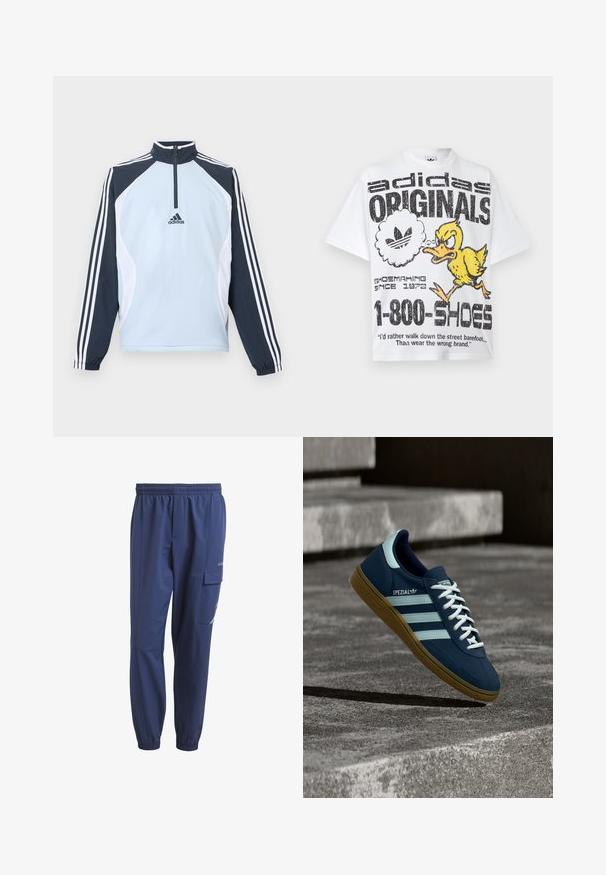 Hellblauer Pullover mit hohem Kragen, halbem Reißverschluss und dunkelblauen sowie weißen Akzentpaneelen. Verfügt über drei weiße Streifen auf den Ärmeln.; Weißes Adidas Originals T-Shirt mit einem abgeblätterten schwarzen Logo, einer wütenden gelben Enten-Cartoonfigur und Text, der die Schuhherstellung seit 1972 bewirbt.; Marineblaue Sporthosen mit elastischem Bund, Seitentaschen und einer Cargotasche am linken Bein, sowie einem dezenten Logo-Detail.; Blauer Adidas Spezial Sneaker mit weißen Streifen und Schnürsenkeln, Gummisohle, schwebend über rauer Betonoberfläche und Treppen im Hintergrund.