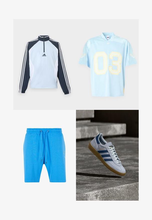 Chaqueta tipo pulóver azul claro con cuello alto, media cremallera y paneles de acento en azul oscuro y blanco. Presenta tres franjas blancas en las mangas.; Camiseta de malla azul claro, de manga corta, con el número amarillo "03" en el frente. Logo de Adidas en amarillo suave en los hombros.; Pantalones cortos de algodón azul con una cinturilla elástica, cierre de cordón y un sutil detalle gráfico en el lado. Textura suave y corte holgado.; Zapatilla Adidas Spezial azul claro con rayas azul marino y suela de goma, mostrada en el aire sobre escalones de hormigón en un entorno exterior neutral.