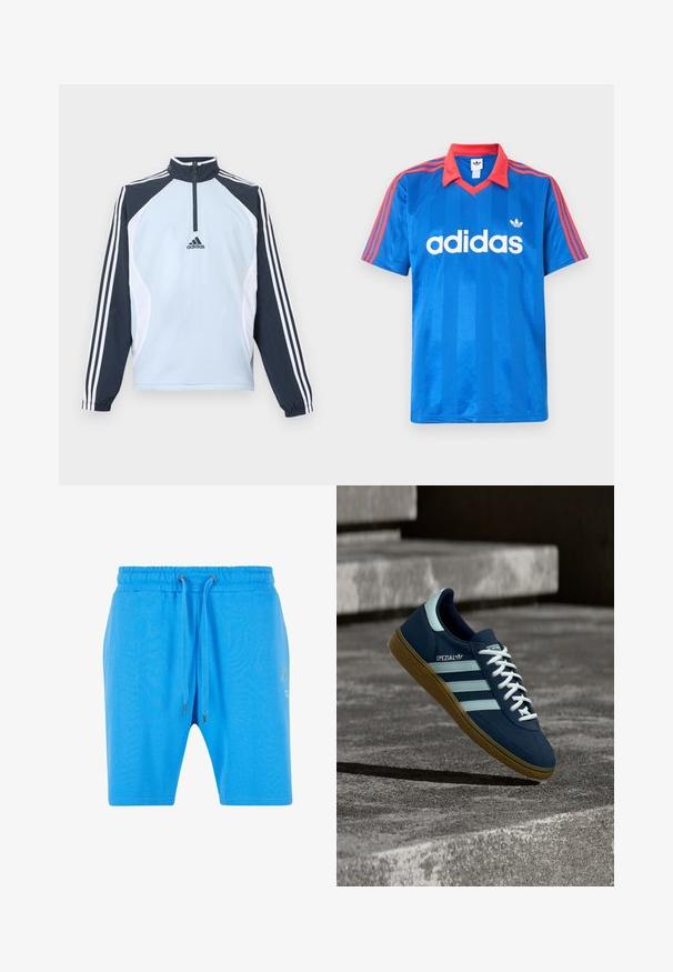 Hellblauer Pullover mit hohem Kragen, halbem Reißverschluss und dunkelblauen sowie weißen Akzentpaneelen. Verfügt über drei weiße Streifen auf den Ärmeln.; Blaues Adidas Sportshirt mit kurzen Ärmeln, rotem Kragen und Streifen auf den Schultern, mit weißem Adidas-Logo und Kleeblatt-Emblem auf der Brust.; Blaue Baumwollshorts mit elastischem Bund, Kordelzugverschluss und dezentem grafischen Detail an der Seite. Glatte Textur und lockere Passform.; Blauer Adidas Spezial Sneaker mit weißen Streifen und Schnürsenkeln, Gummisohle, schwebend über rauer Betonoberfläche und Treppen im Hintergrund.