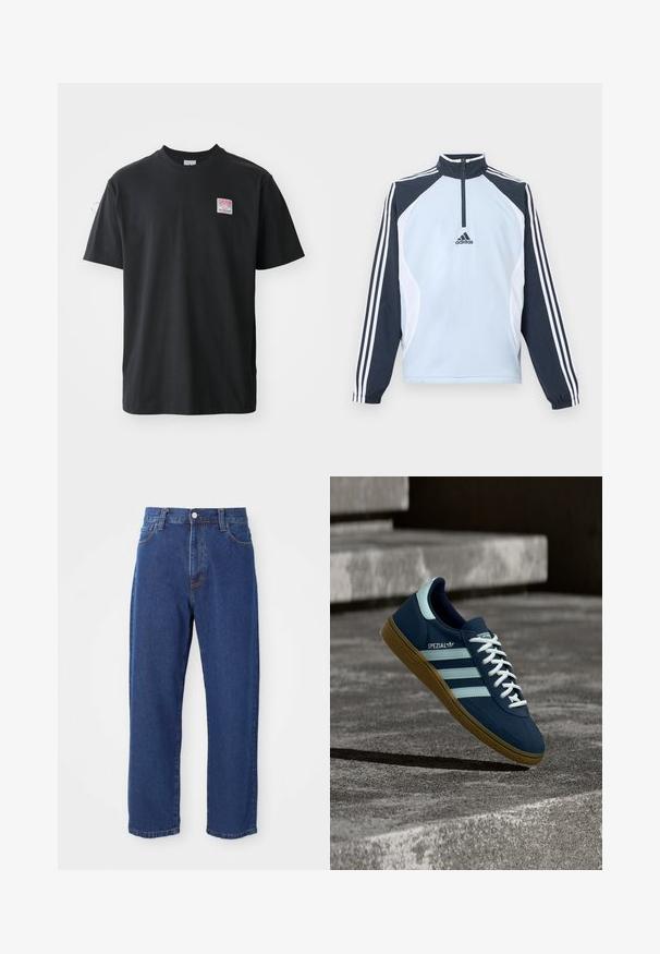 Hellblauer Pullover mit hohem Kragen, halbem Reißverschluss und dunkelblauen sowie weißen Akzentpaneelen. Verfügt über drei weiße Streifen auf den Ärmeln.; Schwarzes Baumwoll-T-Shirt mit Rundhalsausschnitt, kurzen Ärmeln und einem kleinen farbigen Etikett auf der linken Brust, das das Wort "SUPERIOR" zeigt.; Hoch taillierte blaue Jeans aus Denim, mit geradem Bein, sichtbaren Nähten und einem Frontknopfverschluss.; Blauer Adidas Spezial Sneaker mit weißen Streifen und Schnürsenkeln, Gummisohle, schwebend über rauer Betonoberfläche und Treppen im Hintergrund.