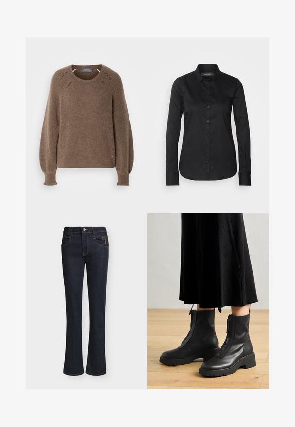 Brun striktrøje med rund hals, voluminøse lange ærmer og subtile perforeringer nær halsudskæringen og manchetterne.; Mos Mosh TILDA SHIRT - Skjortebluser - black; Mørkeblå denimjeans med lette vide ben, frontknap og lynlåslukning, forlommer og synlige syningsdetaljer.; Sorte læder ankelstøvler med en kraftig platformsål og en frontlynlås. Glat tekstur med et minimalistisk design.