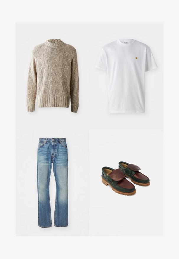 Suéter de punto beige con un patrón de tablero de ajedrez texturizado, cuello y dobladillo de canalé, y mangas largas. Fabricado en un material suave y ligero.; Camiseta de algodón blanca con mangas cortas, cuello redondo, que presenta un pequeño logo dorado en la parte izquierda del pecho. Textura suave y corte regular.; Jeans de mezclilla azul claro con un diseño clásico de pierna recta, acabado desgastado y costuras visibles en toda su extensión. Presenta bolsillos frontales y trabillas para cinturón.; Zapatos de cuero con cuerpo verde oscuro, parte superior burdeos, puntera redonda, solapa asegurada y suela de caucho texturizada con crestas.