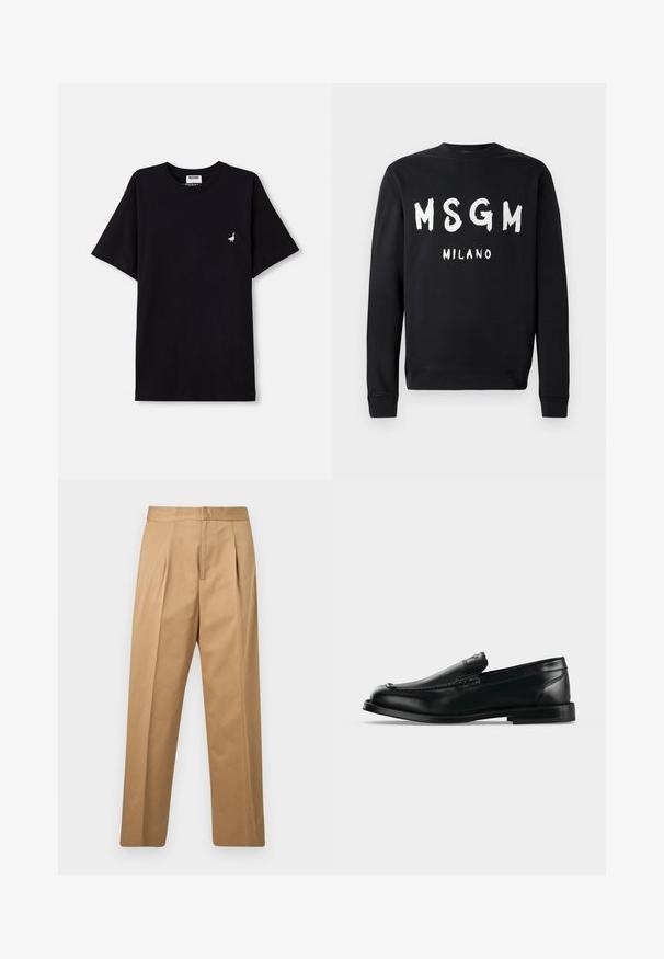 Zwarte sweatshirt met lange mouwen, voorzien van grote witte "MSGM" en kleinere "MILANO" tekst gedrukt op de voorkant in het midden.; Zwarte katoenen t-shirt met korte mouwen, voorzien van een klein geborduurd accent van een gans op de borst en een ronde hals.; Beige rechte broek met plooien aan de voorkant, tailleband en een verborgen sluiting aan de voorkant, getoond tegen een effen lichtgrijze achtergrond.; Zwarte leren loafer met lage hak, ronde neus en gestikte details langs de bovenkant.