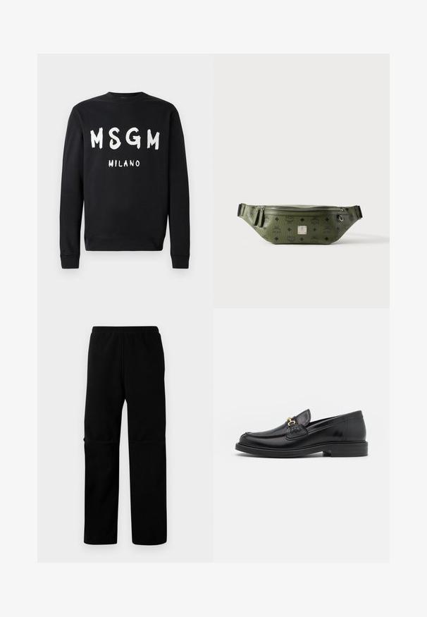 Schwarzer Sweatshirt mit langen Ärmeln, auf der Vorderseite mittig mit weißem, fettem "MSGM" und kleinerem "MILANO"-Text bedruckt.; Schwarze Fleece-Hosen mit elastischem Bund und geradem Bein. Glatte Textur ohne sichtbare Muster oder Beschläge.; Schwarze Lederleter mit einer abgerundeten Zehenpartie, ausgestattet mit goldenen Hardwareakzenten und Stichdetails, auf einer niedrigen, strukturierten Gummisohle.; Olivgrüne, strukturierte Leder-Gürteltasche mit schwarzen Logos, silbernem Reißverschluss, doppeltem Reißverschluss-Zipper und zentraler silberner Markenplakette.