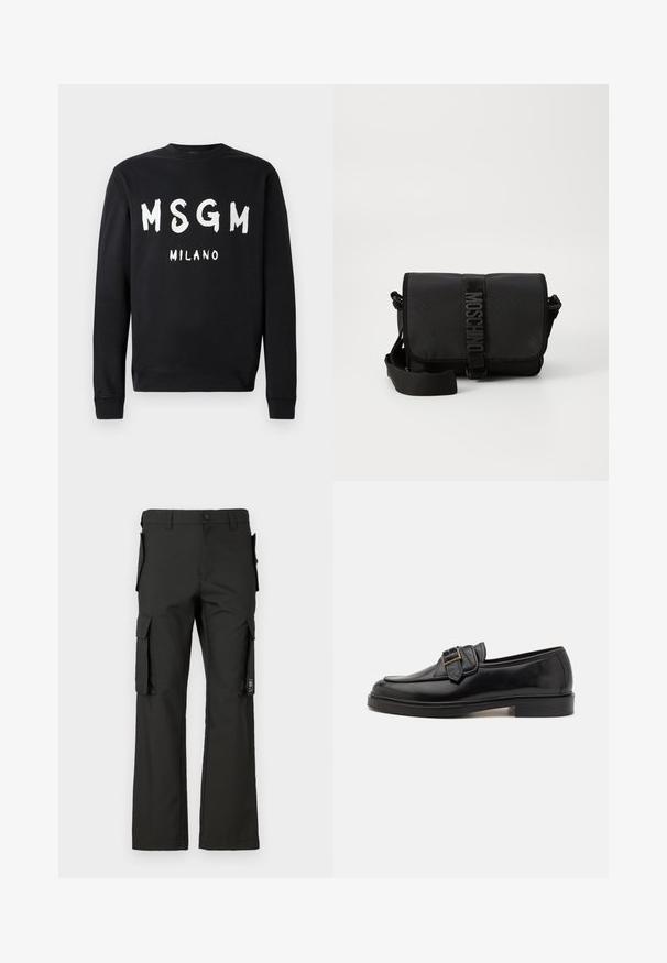 Schwarzer Sweatshirt mit langen Ärmeln, auf der Vorderseite mittig mit weißem, fettem "MSGM" und kleinerem "MILANO"-Text bedruckt.; Schwarze Cargo-Hose mit geradem Bein, ausgestattet mit mehreren Seitentaschen und einem Knopfverschluss. Hergestellt aus strapazierfähigem Gewebe mit glatter Textur.; Schwarze Leder-Lederschuhe mit abgerundeter Zehenpartie und dekorativem Schnallenakzent. Flacher, solider Absatz und durchgehend glatte Oberfläche.; Schwarze Nylon-Crossbody-Tasche mit Klappe, ausgestattet mit einem auffälligen Logo-Gurtverschluss, verstellbarem Tragegurt und seitlichen Steppnähten.