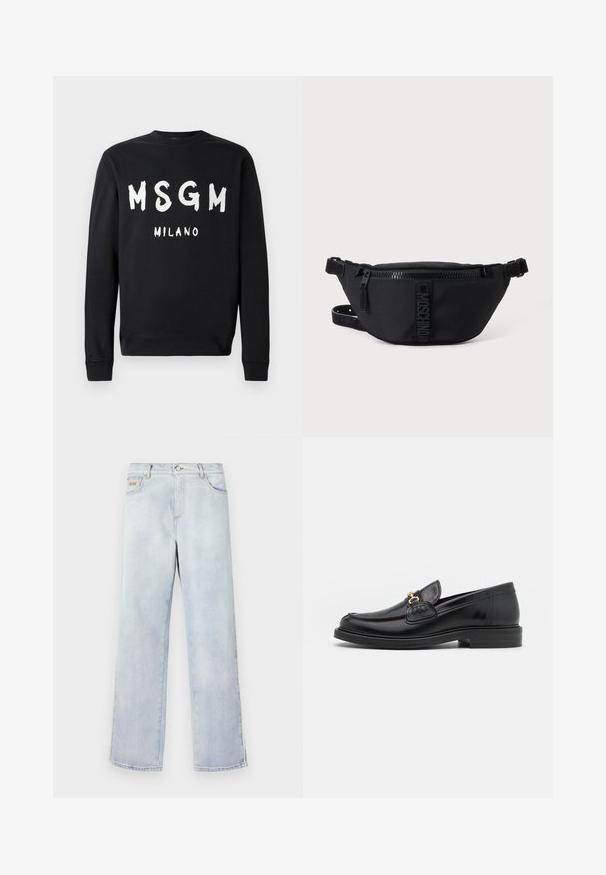 Sweatshirt noir à manches longues avec le texte en blanc en gras "MSGM" et le texte plus petit "MILANO" imprimé au centre devant.; Jean en denim bleu clair avec une coupe droite, comprenant une fermeture à bouton, cinq poches et des coutures contrastantes.; Mocassins en cuir noir avec un embout rond, présentant des accents en métal doré et des détails de couture, montés sur une semelle en caoutchouc texturé et basse.; Sac banane noir Moschino avec fermeture éclair frontale et sangle ajustable sur un fond uni clair.