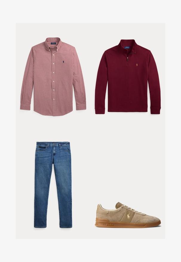 Karmozijnrode trui met lange mouwen, een kwart ritssluiting en een klein geborduurd logo op de linkerborst.; Rood-wit geruit overhem met lange mouwen, knopen, kraag en blauw geborduurd logo op de linkerborst.; Blauwe denim jeans met een slim fit, voorzien van voorkantzakken, riemlussen en een knoopsluiting op een witte achtergrond.; Beige suède en leren lage sneaker met gumzool, witte veters en Polo-logo op de zijkant en zool.