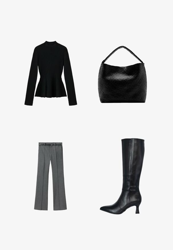 Sort ribbet langærmet top med høj hals og peplum-for, der har en tekstureret stof og tætsiddende design.; Grå skræddersyede bukser med lige ben, letvægtigt stof, bæltesløjfer og et smalt bælte med en sølvspænde.; Sorte læder knæhøje støvler med spidse tæer og en slank, svajet hæl. Glat tekstur med sidesøm detaljer.; Sort vævet håndtaske med et enkelt flettet håndtag og en bred, blød rektangulær krop mod en hvid baggrund.