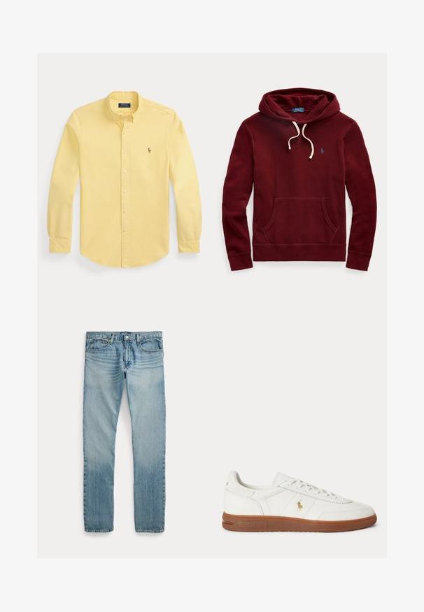 Tmavo vínová mikina s kapucňou s bielymi šnúrkami, predným klokankovým vreckom a malým modrým logom Polo Ralph Lauren na ľavej strane hrude.; Žltá košeľa s dlhým rukávom na gombíky s golierom a malým vyšitým logom na ľavej strane hrude, položená na bielom pozadí.; Svetlomodré rifle s rovným strihom, piatimi vreckami, zapínaním na gombíky a jemnými vyblednutými detailmi okolo stehien a kolien.; Biele nízke tenisky s hnedou podrážkou, šnurovaním vpredu a malým zlatým logom Polo Ralph Lauren na boku.