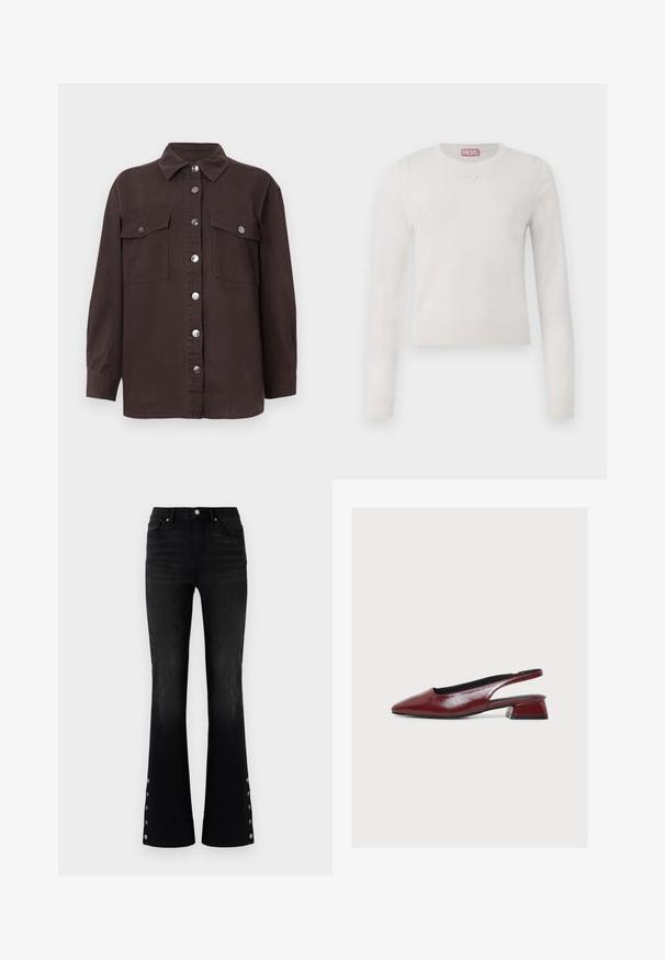 Suéter blanco de manga larga con cuello redondo. Hecho de material suave. Presenta un pequeño logo sutil en el pecho. Diseño simple y minimalista.; Chaqueta de camisa marrón oscuro hecha de algodón, con cuello, cierre frontal de botones, dos bolsillos en el pecho y botones plateados. Mangas largas.; ONLY ONLWAUW MID WAIST FLARED - Vaqueros a campana - washed black; Zapato slingback de cuero burdeos con punta afilada y tacón bajo cuadrado, mostrado de perfil sobre fondo blanco.